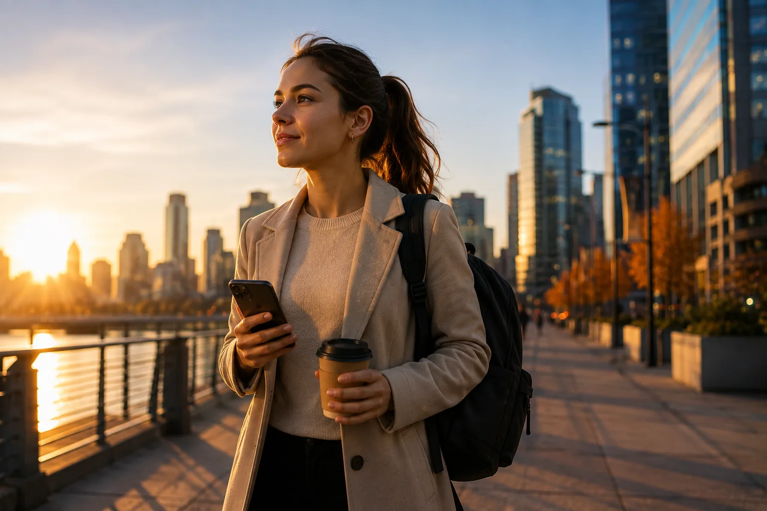 Jeune professionnelle consultant son smartphone en quittant son appartement au lever du jour
